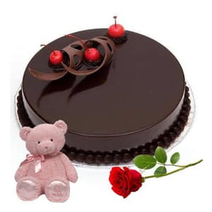 1Kg Chocolate Cake, 2ft Teddy Bear and Single Red Rose